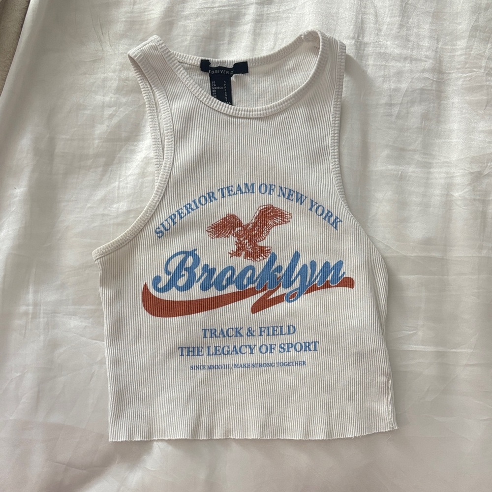 Forever 21 White Crop Top with Blue and Red Print